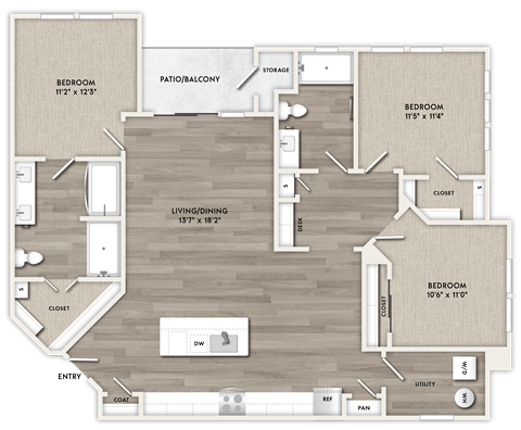 Floor plan for 3 beds, 2 baths, 1461 sqft